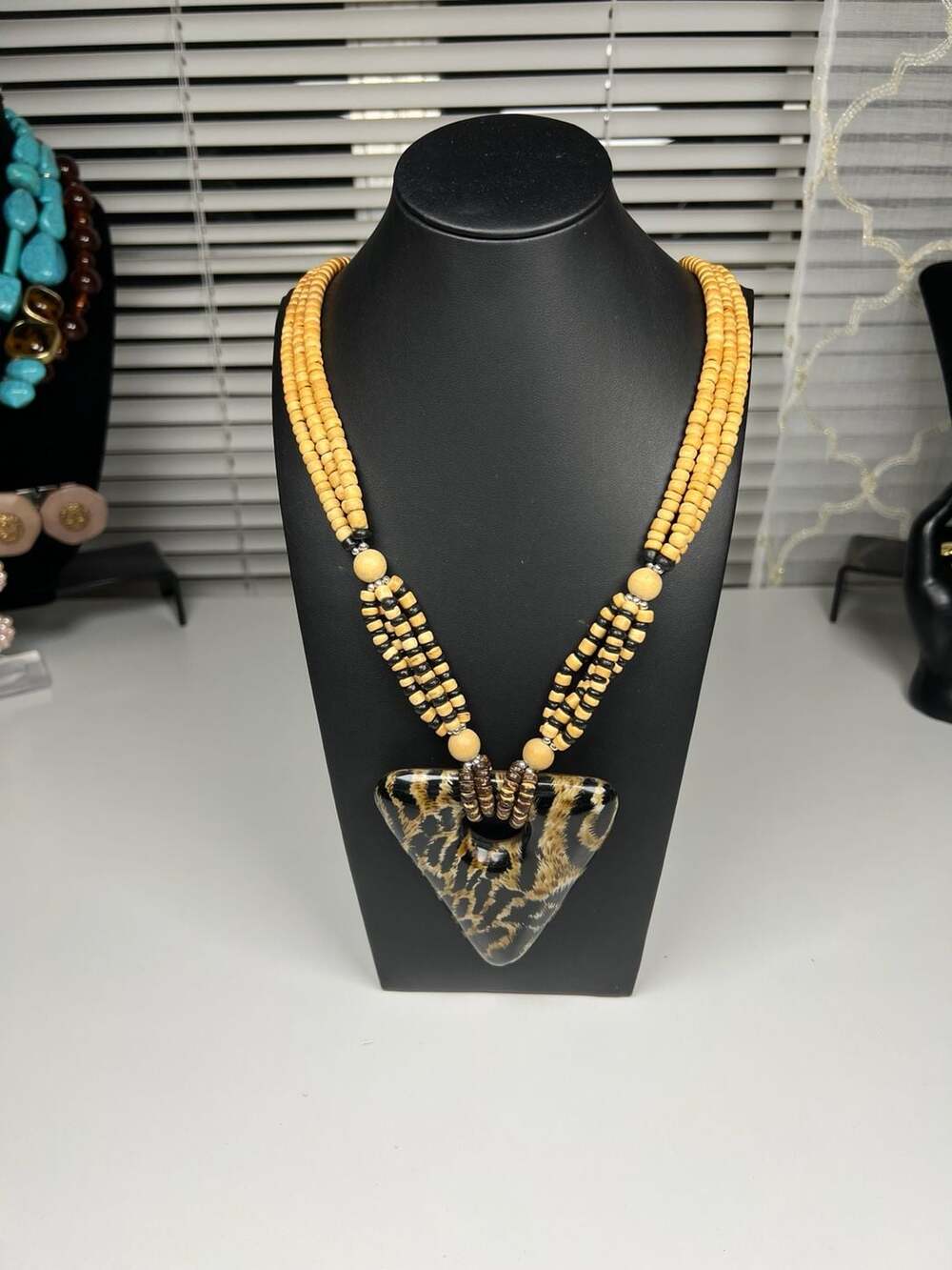 Leopard Print Triangle Pendant Multi-Strand Wood Bead Necklace